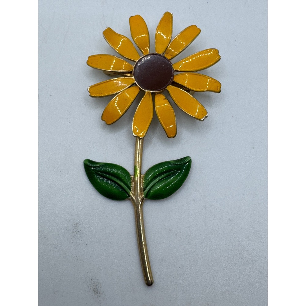 Vintage Yellow Sunflower Enamel Brooch Gold Tone Stem Green Leaf Floral Pin
